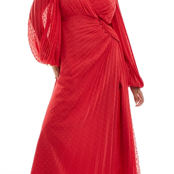 ASOS DESIGN pleated textured chiffon wrap button detail maxi dress in red new 😍 - Picture 5 of 5